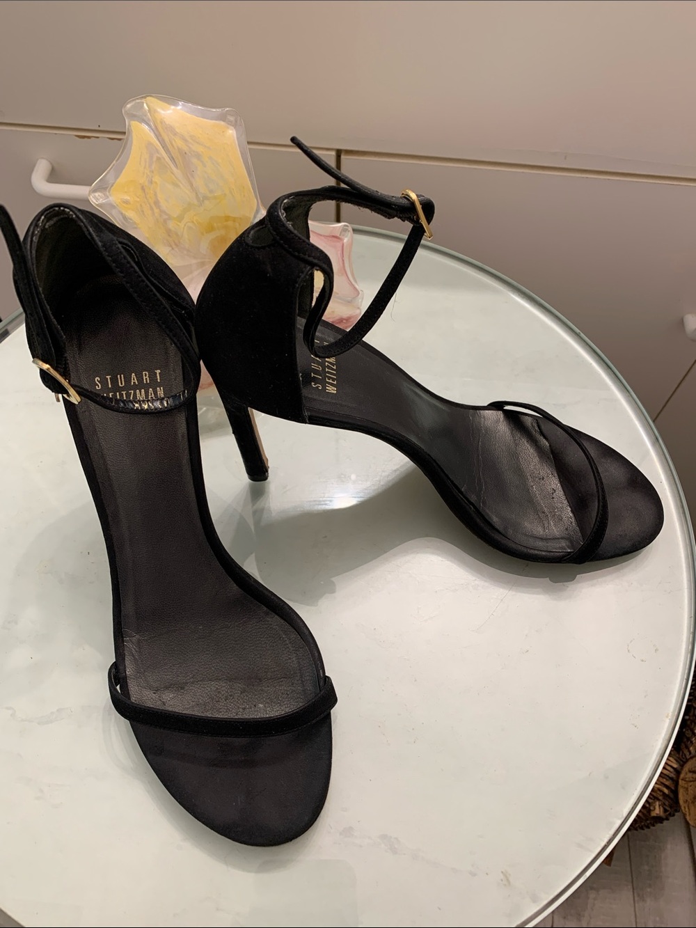 Stuart Weitzman Black Velvet Single-Strap Ankle-Heel Sandals